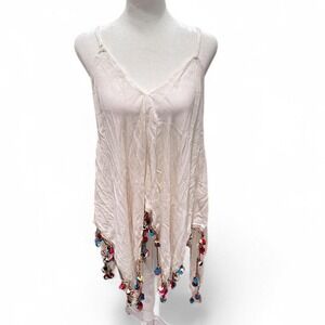 Mimi White Sleeveless V-Neck Pom Pom Shirt Top Small Boho Hippie Beach